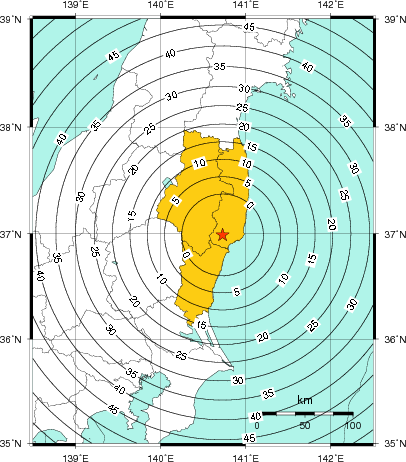 緊急地震速報(警報)第1報を発表した地域及び主要動到達までの時間