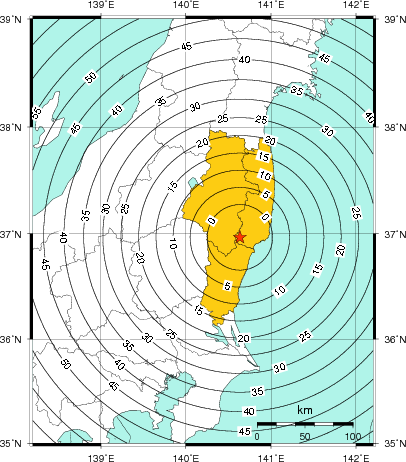 緊急地震速報(警報)第1報を発表した地域及び主要動到達までの時間