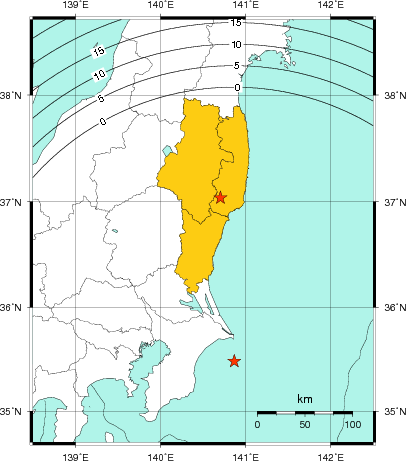 緊急地震速報(警報)第1報を発表した地域及び主要動到達までの時間