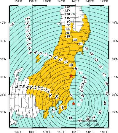 緊急地震速報(警報)第1報を発表した地域及び主要動到達までの時間