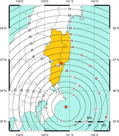 緊急地震速報(警報)第1報を発表した地域及び主要動到達までの時間