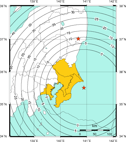 緊急地震速報(警報)第1報を発表した地域及び主要動到達までの時間