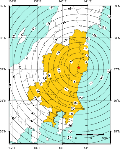 緊急地震速報(警報)第1報を発表した地域及び主要動到達までの時間