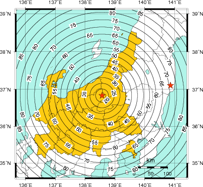 緊急地震速報(警報)第1報を発表した地域及び主要動到達までの時間