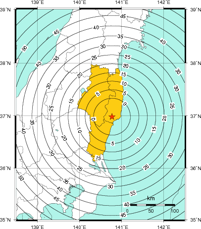 緊急地震速報(警報)第1報を発表した地域及び主要動到達までの時間