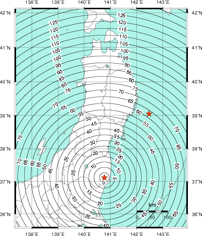 緊急地震速報第1報提供から主要動到達までの時間及び推計震度分布図