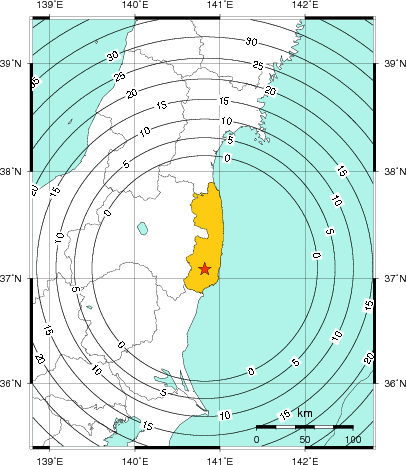 緊急地震速報(警報)第1報を発表した地域及び主要動到達までの時間
