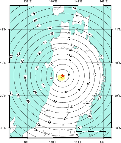 緊急地震速報第1報提供から主要動到達までの時間及び推計震度分布図