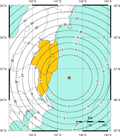 緊急地震速報(警報)第1報を発表した地域及び主要動到達までの時間