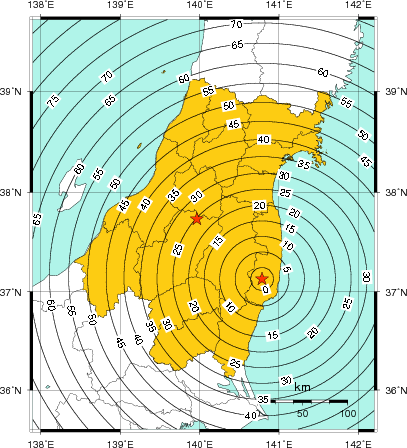 緊急地震速報(警報)第1報を発表した地域及び主要動到達までの時間