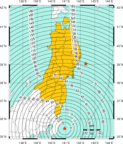 緊急地震速報(警報)第1報を発表した地域及び主要動到達までの時間