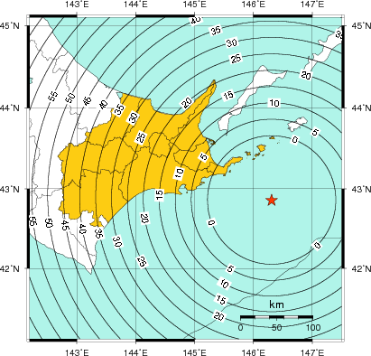 緊急地震速報(警報)第1報を発表した地域及び主要動到達までの時間