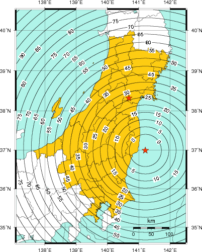 緊急地震速報(警報)第1報を発表した地域及び主要動到達までの時間