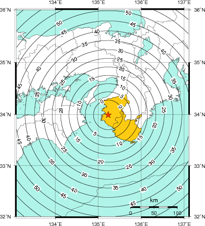 緊急地震速報(警報)第1報を発表した地域及び主要動到達までの時間