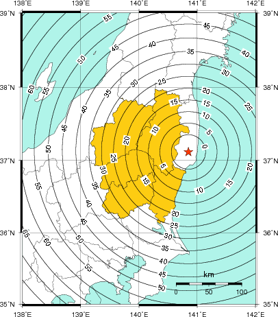 緊急地震速報(警報)第1報を発表した地域及び主要動到達までの時間