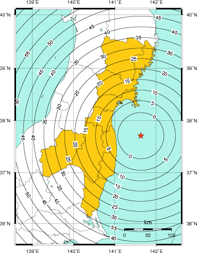 緊急地震速報(警報)第1報を発表した地域及び主要動到達までの時間