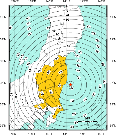 緊急地震速報(警報)第1報を発表した地域及び主要動到達までの時間