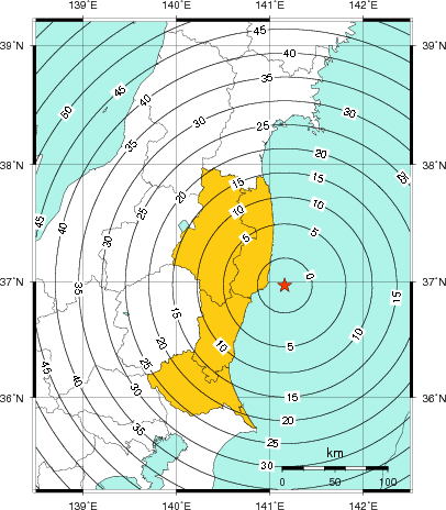 緊急地震速報(警報)第1報を発表した地域及び主要動到達までの時間