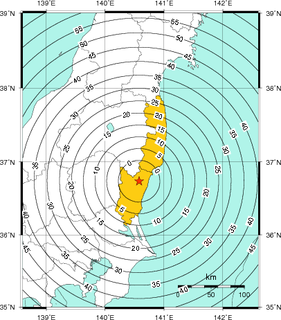緊急地震速報(警報)第1報を発表した地域及び主要動到達までの時間