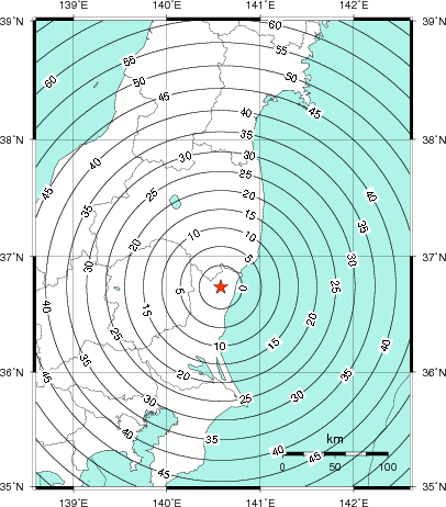 緊急地震速報第1報提供から主要動到達までの時間及び推計震度分布図