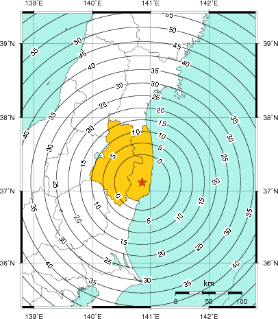 緊急地震速報(警報)第1報を発表した地域及び主要動到達までの時間