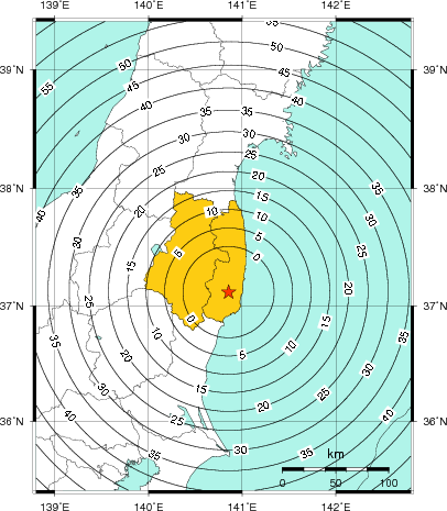 緊急地震速報(警報)第2報を発表した地域及び主要動到達までの時間