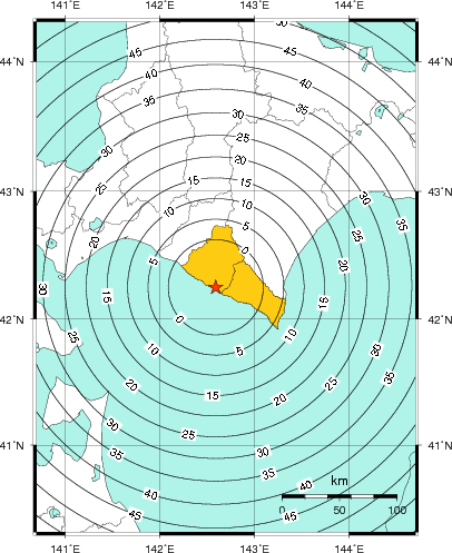 緊急地震速報(警報)第1報を発表した地域及び主要動到達までの時間