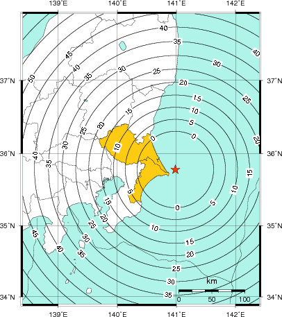 緊急地震速報(警報)第1報を発表した地域及び主要動到達までの時間