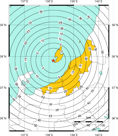 緊急地震速報(警報)第1報を発表した地域及び主要動到達までの時間