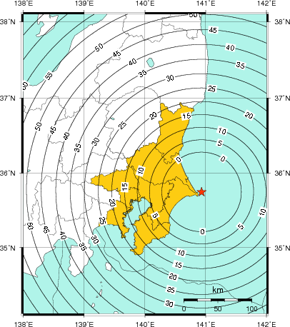 緊急地震速報(警報)第1報を発表した地域及び主要動到達までの時間