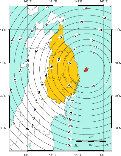 緊急地震速報(警報)第1報を発表した地域及び主要動到達までの時間