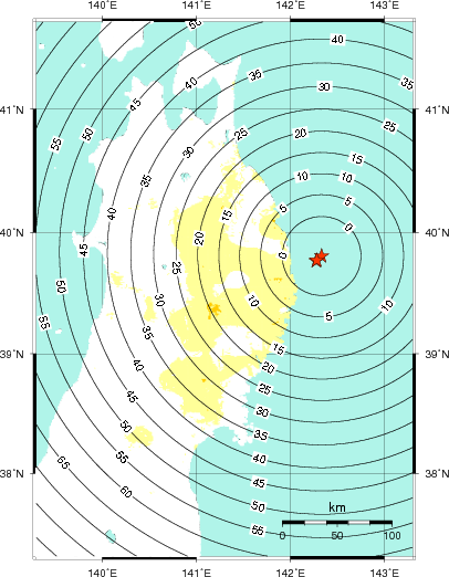 緊急地震速報第1報提供から主要動到達までの時間及び推計震度分布図