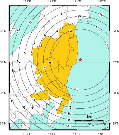 緊急地震速報（警報）第1報を発表した地域及び主要動到達までの時間