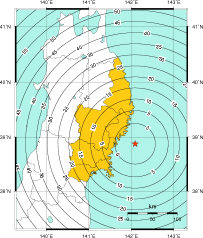 緊急地震速報(警報)第1報を発表した地域及び主要動到達までの時間