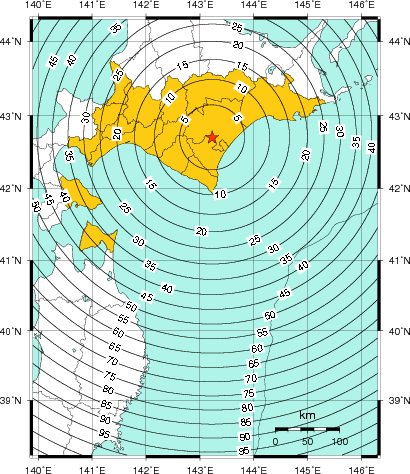 緊急地震速報(警報)第1報を発表した地域及び主要動到達までの時間