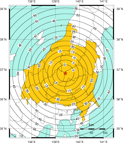 緊急地震速報(警報)第1報を発表した地域及び主要動到達までの時間