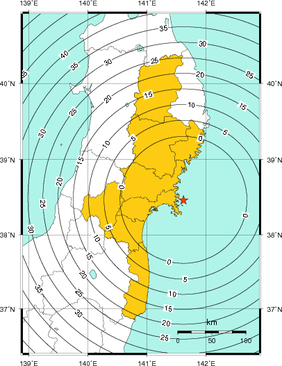 緊急地震速報(警報)第1報を発表した地域及び主要動到達までの時間