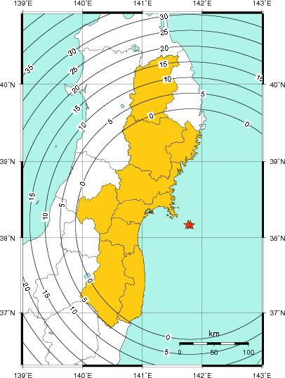 緊急地震速報(警報)第1報を発表した地域及び主要動到達までの時間