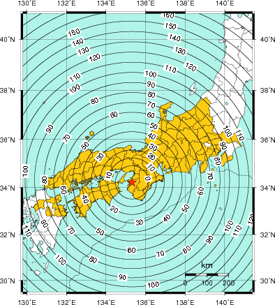 緊急地震速報(警報)第1報を発表した地域及び主要動到達までの時間
