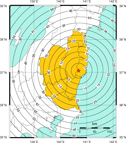 緊急地震速報(警報)第1報を発表した地域及び主要動到達までの時間