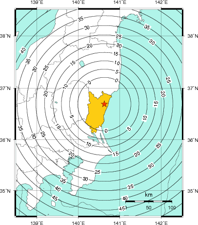 緊急地震速報(警報)第1報を発表した地域及び主要動到達までの時間