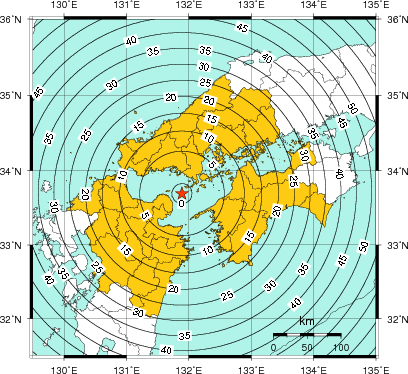 緊急地震速報(警報)第1報を発表した地域及び主要動到達までの時間