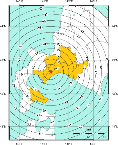 緊急地震速報(警報)第1報を発表した地域及び主要動到達までの時間