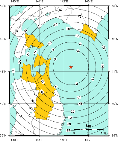 緊急地震速報(警報)第1報を発表した地域及び主要動到達までの時間