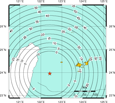 緊急地震速報(警報)第1報を発表した地域及び主要動到達までの時間
