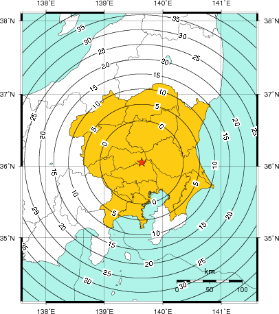 緊急地震速報(警報)第1報を発表した地域及び主要動到達までの時間
