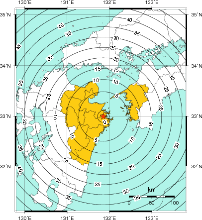 緊急地震速報(警報)第1報を発表した地域及び主要動到達までの時間