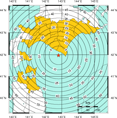 緊急地震速報(警報)第1報を発表した地域及び主要動到達までの時間