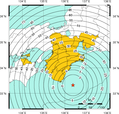 緊急地震速報(警報)第1報を発表した地域及び主要動到達までの時間