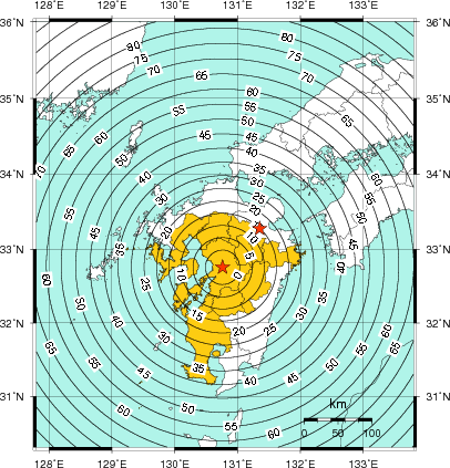 緊急地震速報(警報)第1報を発表した地域及び主要動到達までの時間